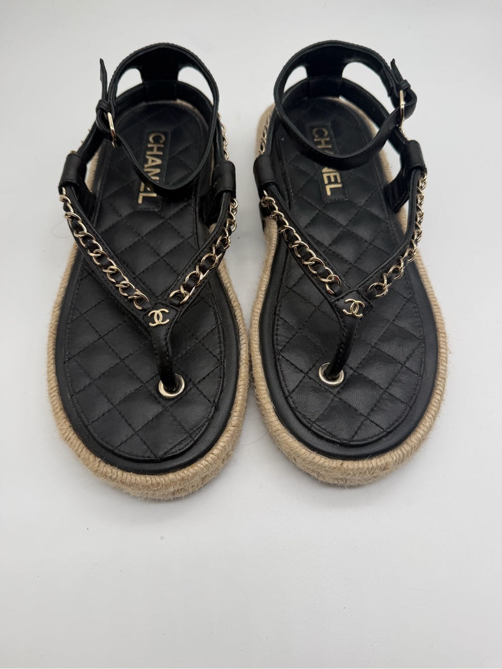 CHANEL Black Quilted Leather Chain Trim Espadrille Sandals Sz 38 - Picture 9 of 9